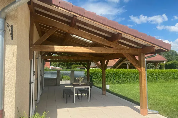 Appentis terrasse 4.20 m x 8.32 m, traitement autoclave brun, couverture tuiles, velux