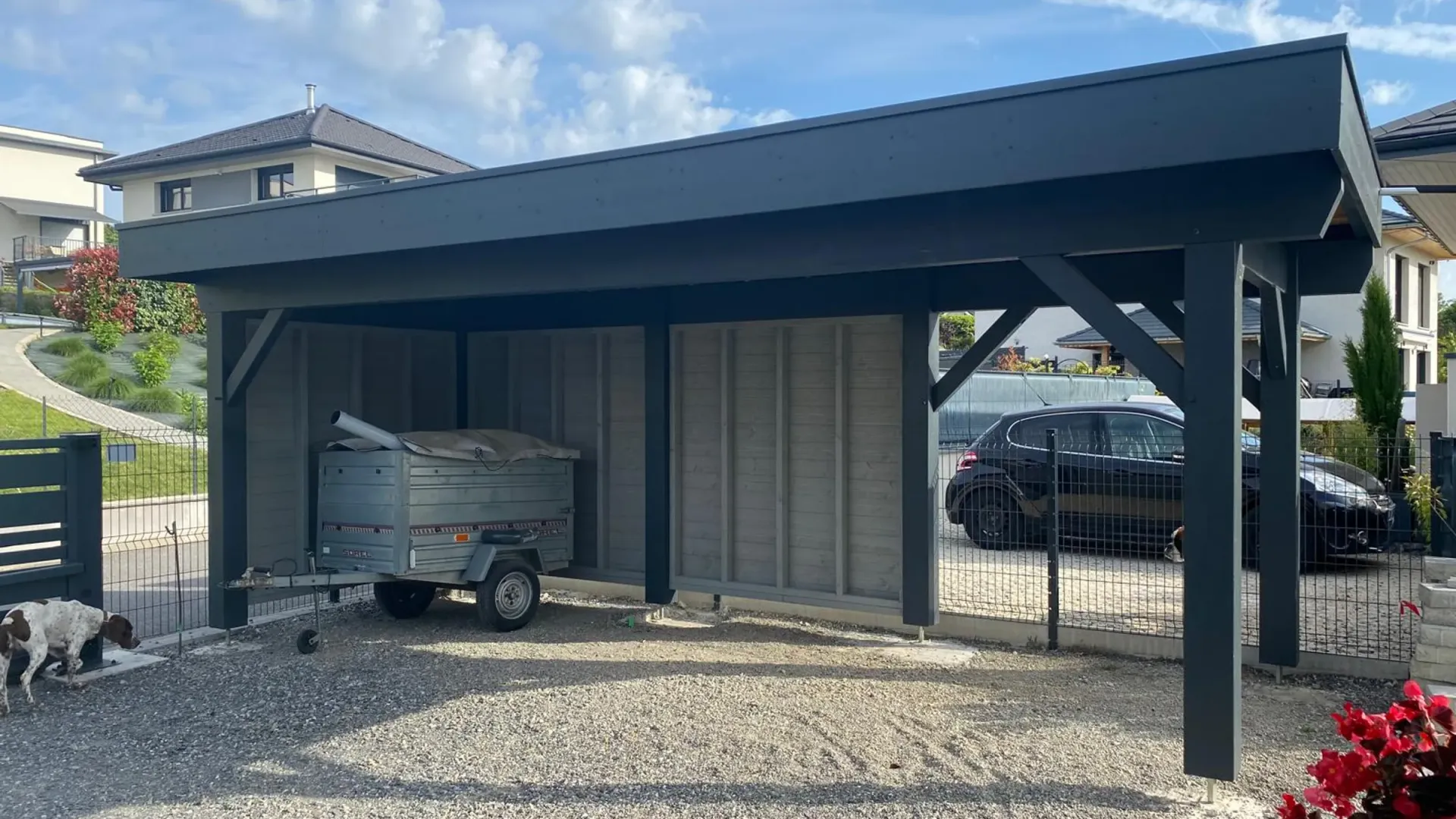 Carport toit plat, 3×7 m, couverture membrane EPDM gravillonnée, bardage